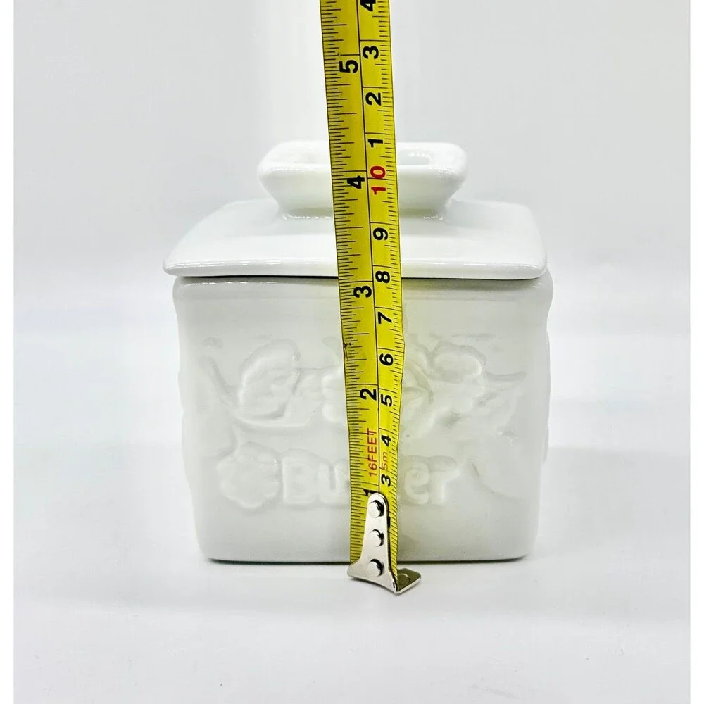 Square White Porcelain Butter Bell Crock Keeper Holder  “butter” floral